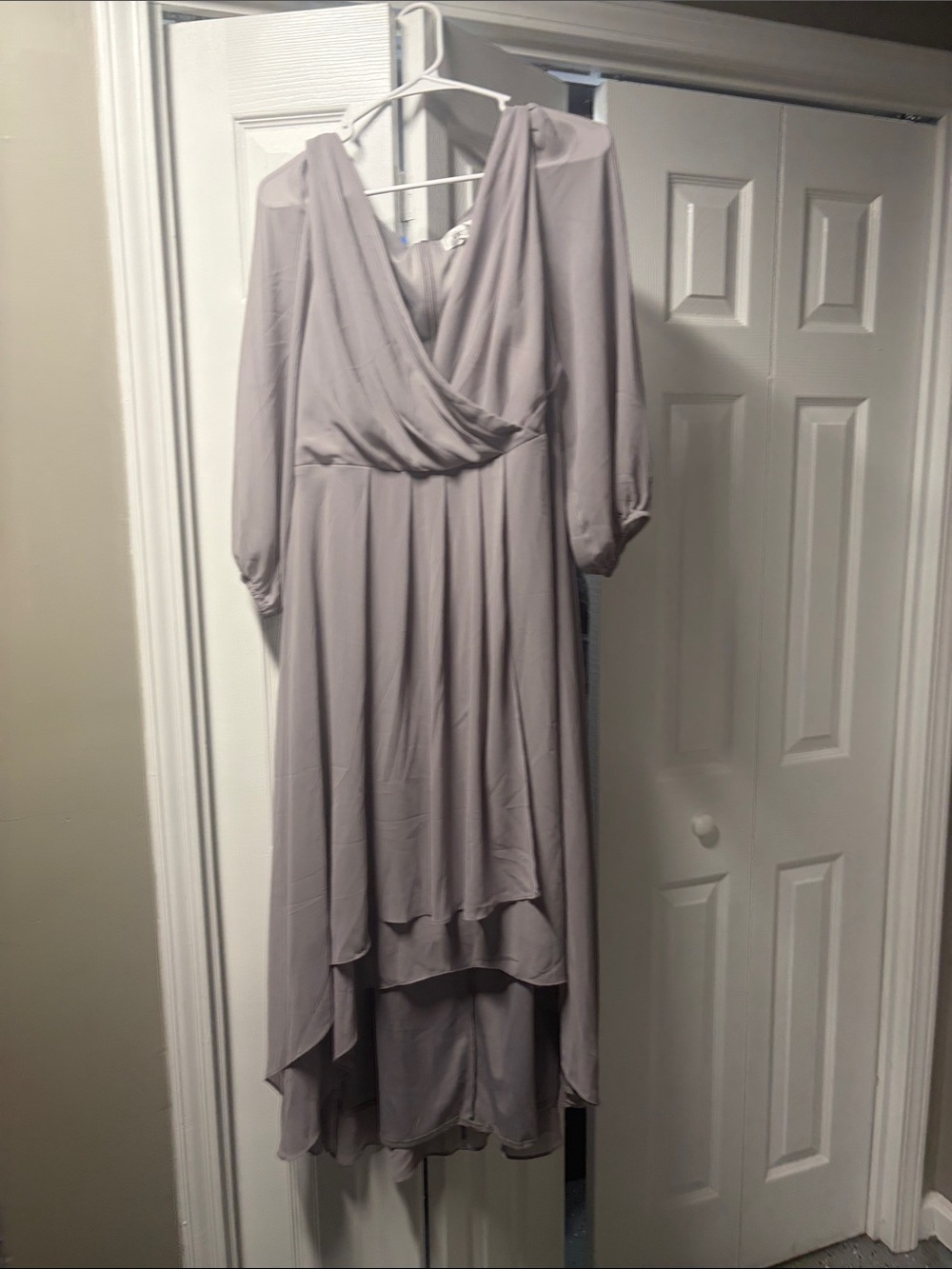 Elegant V-Neck Long Sleeve High-Low Dress in Light Gray